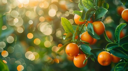 Foreground view of ripe tangerines on a tree, pre-harvest, rich and colorful, creative banner style with ample copyspace for text