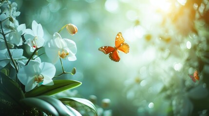 Delicate orchid in a natural setting, butterflies gently fluttering around, soft sunlight filtering through, serene and soothing ambiance
