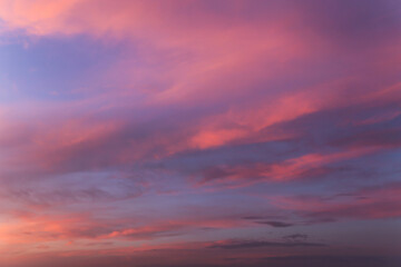 Soft beautiful sunrise, sunset pink violet orange blue sky with cirrus clouds abstract background texture