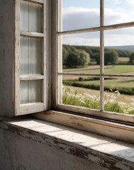 Old windowsill against backdrop of landscape, product display scene