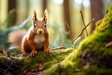 Naklejka premium Squirrel with open mouth on a log in the autumn forest.