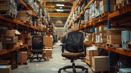 Naklejka premium Office chairs being packed into cardboard boxes, busy warehouse environment, piles of filled boxes, industrial lighting, detailed and organized scene