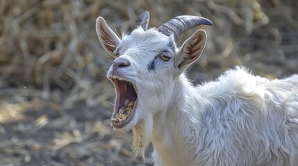 Goat chewing with mouth open, detailed capture of fur and food, realistic portrait in a natural setting, expressive and vivid