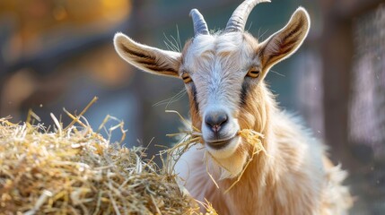 Obraz premium Goat chewing hay, close-up with detailed fur texture, realistic portrayal in a natural setting, expressive and lifelike, vivid colors