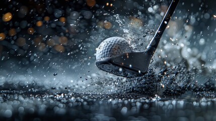 Golf club striking a ball with full force, focus on the precise moment of impact, motion and power emphasized, energy and dynamics