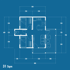 Floor plan blueprint type 31 sqm, Figure of the jotting sketch of the construction and the industrial skeleton of the structure and dimensions. vector eps 10