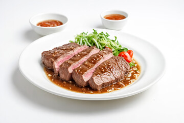 Sliced Steak with Sauce and Salad on a White Plate