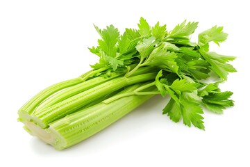 Fresh green celery stalk with leaves isolated on white background.