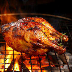 Roasted chicken on the grill with flames and smoke, closeup