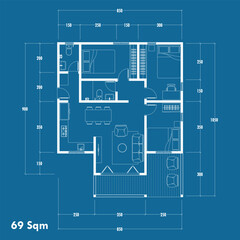 Floor plan blueprint type 69 sqm, Figure of the jotting sketch of the construction and the industrial skeleton of the structure and dimensions. vector eps 10