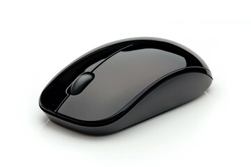 Black wireless computer mouse isolated on white background.