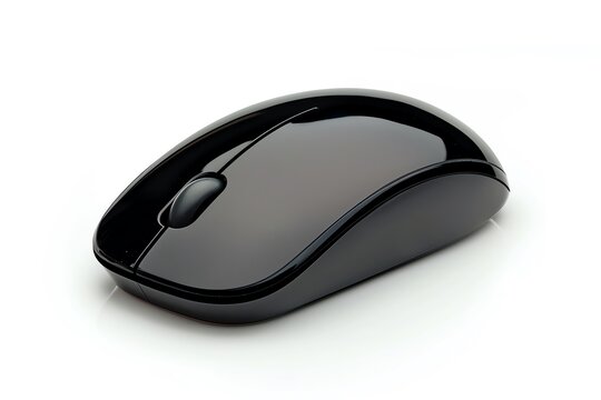 Black wireless computer mouse isolated on white background.
