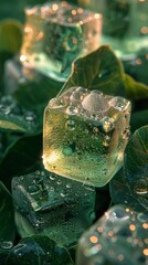 A green and yellow background with ice cubes and slices of lemon. 