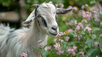 Portrait of a goat chewing flowers, intricate details of fur and petals, natural lighting and realistic setting, expressive and detailed