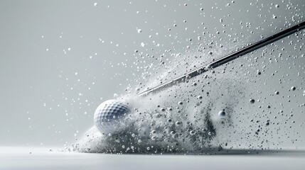 Powerful swing of a golf club meeting a golf ball, focus on motion and impact, ball in mid-flight post-impact, dynamic and energetic