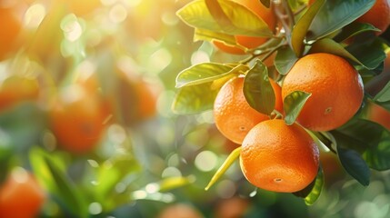 Ripe tangerines foreground, before harvest, on the tree, bright and fresh, designed as a creative banner with ample copyspace, nature's colors