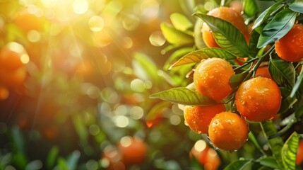 Ripe tangerines on a tree, close-up foreground, before harvest, vibrant colors, creative banner with ample copyspace, nature's bounty