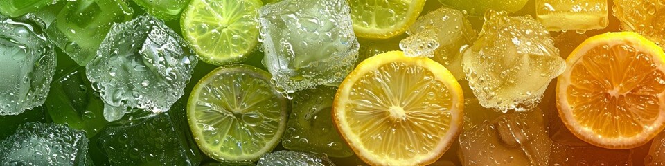 A green and yellow background with ice cubes and slices of lemon. 
