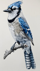 Intricately Detailed Drawing of a Jay Bird Perched on a Branch with Fine Feathers and Natural Markings