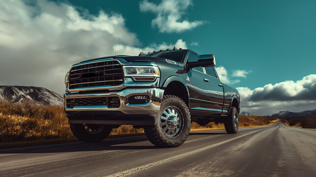 low angle view of a modern pick-up truck on road