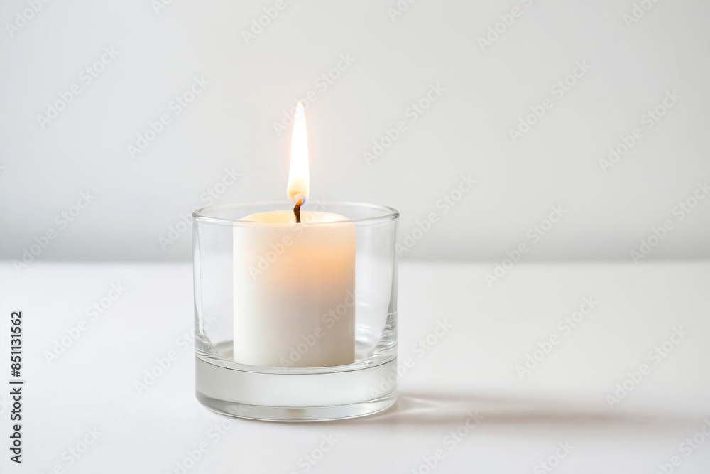 Wall mural Single burning candle in glass holder on white background