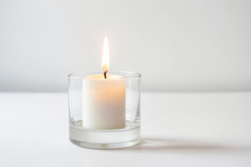 Single burning candle in glass holder on white background