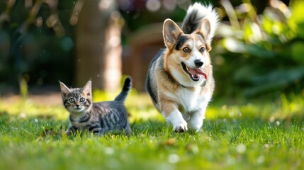 Playful Dog and Curious Kitten in the Garden