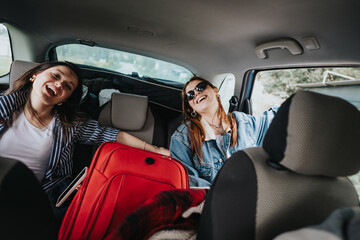 Cheerful female friends enjoying a fun road trip together, sitting in the backseat with luggage, expressing happiness and freedom.