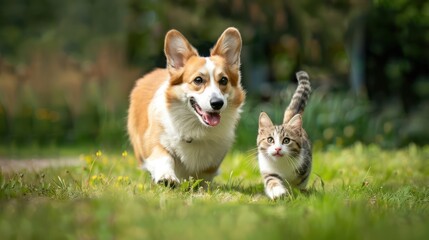 Playful Dog and Cat Running in Green Grass