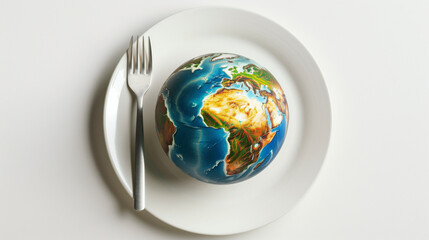 Close-up of a world globe placed on a white plate isolated on white background. Exploring flavors from around the world