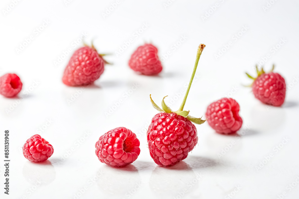 Sticker Closeup of red raspberries on a white background