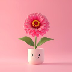 Obraz premium Cute Pink Cartoon Flower in Smiling Pot.