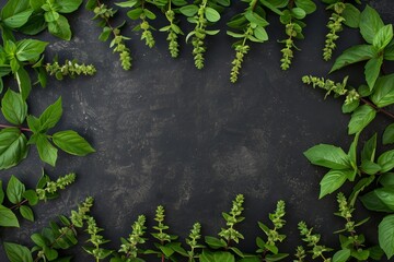 Holy Basil Frame on Dark Isolated Background..