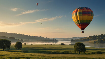 Fototapeta premium beautiful wallpaper background landscape view with trees green field with lakes and hot air balloon floating in a distance summer morning scene rolling hills