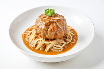 Meatball with Spaghetti and Sauce on White Plate