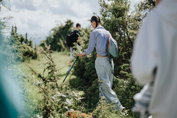 Group of friends hiking through a sunny forest, exploring nature and enjoying the outdoors with backpacks and walking sticks.