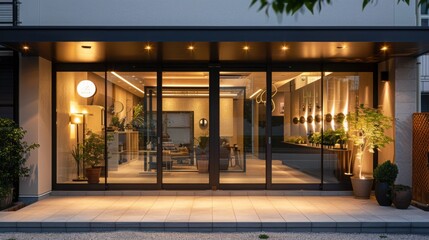A modern Japanese restaurant entrance with glass doors, warm lighting, and potted plants. The interior is visible through the glass, showcasing a stylish and inviting space.