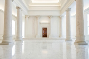 Fototapeta premium Classical architecture interior with marble columns and a wooden door