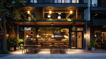 A chic coffee shop with a black exterior and inviting glass windows. Warm lights create a cozy vibe, with seating outside for customers to enjoy their coffee.
