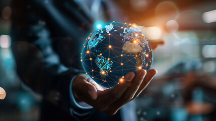 Fototapeta premium Flying earth network interface activated by businessman on blurred background 3D rendering