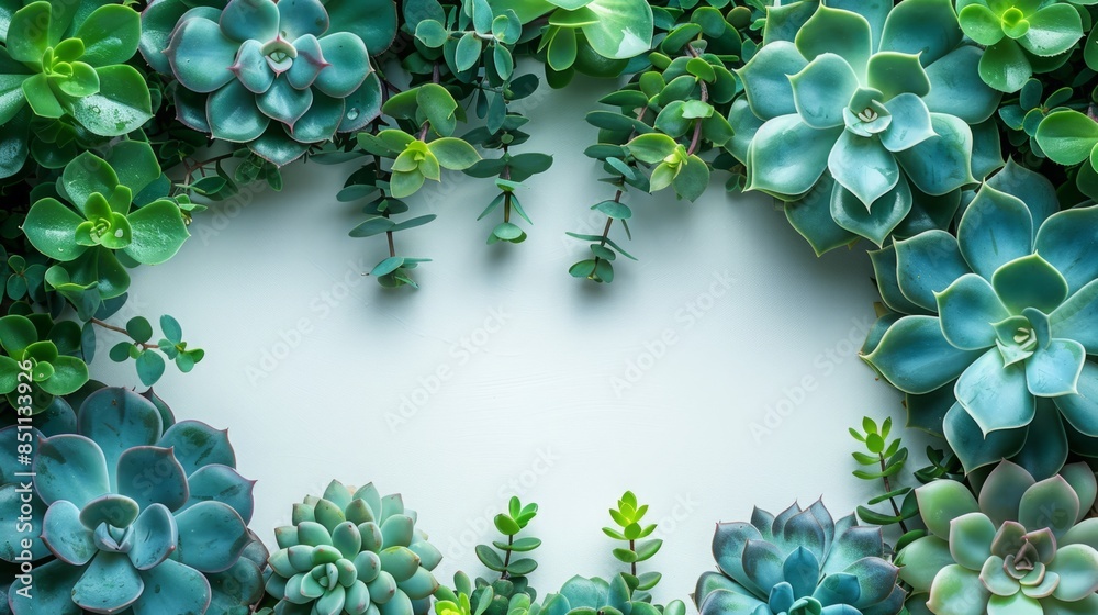 Aufkleber a photo showcasing a circular arrangement of green succulents and eucalyptus leaves, creating a natu