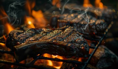 Delicious looking steak grilling, food photography, closeup shot