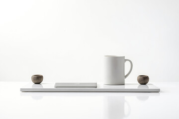 Minimalist White Tabletop Still Life with Laptop, Mug, and Stone Objects