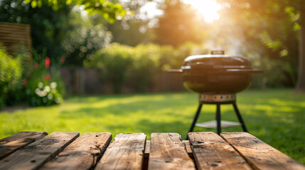 Summer time product placement presentation in backyard garden with grill BBQ, wooden table, blurred background