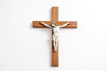 Wooden Crucifix with Jesus Christ Figure on White Background