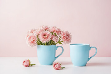 Pink Flowers and Blue Mugs on a White Table