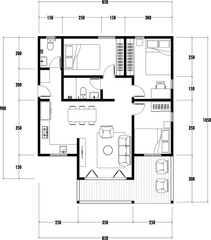 Architecture plan with furniture. home floor plan, isolated on white background, stock illustration.