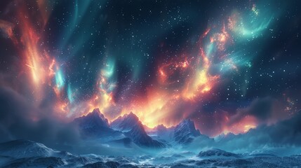 Naklejka premium Aurora borealis dancing in the polar skies, a stunning display of Earth's magnetic interactions with the sun.