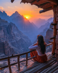 Naklejka premium Breathtaking Mountain Sunrise View from Rustic Cabin with Woman Sitting and Relaxing Enjoying Scenic Landscape, Peaceful Morning, Nature Retreat, Serene Escape in Remote Wilderness