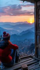 Serenity at Dawn A Mesmerizing Sunrise View from a Rustic Cabin High in the Mountains, Capturing the Beauty of Nature, Tranquility, Peaceful Moment, Solitude, and Reflection in the Wilderness